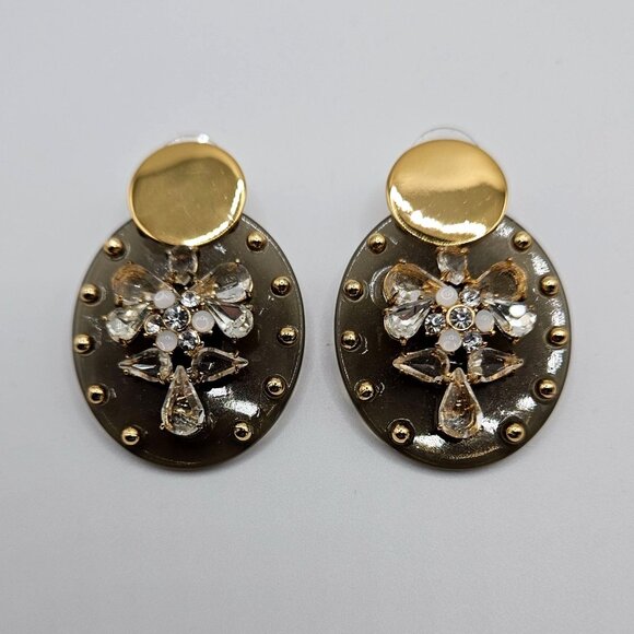 J Crew Earrings Brown Lucite Crystal Shield Drop Statement Preppy Party - Picture 3 of 7